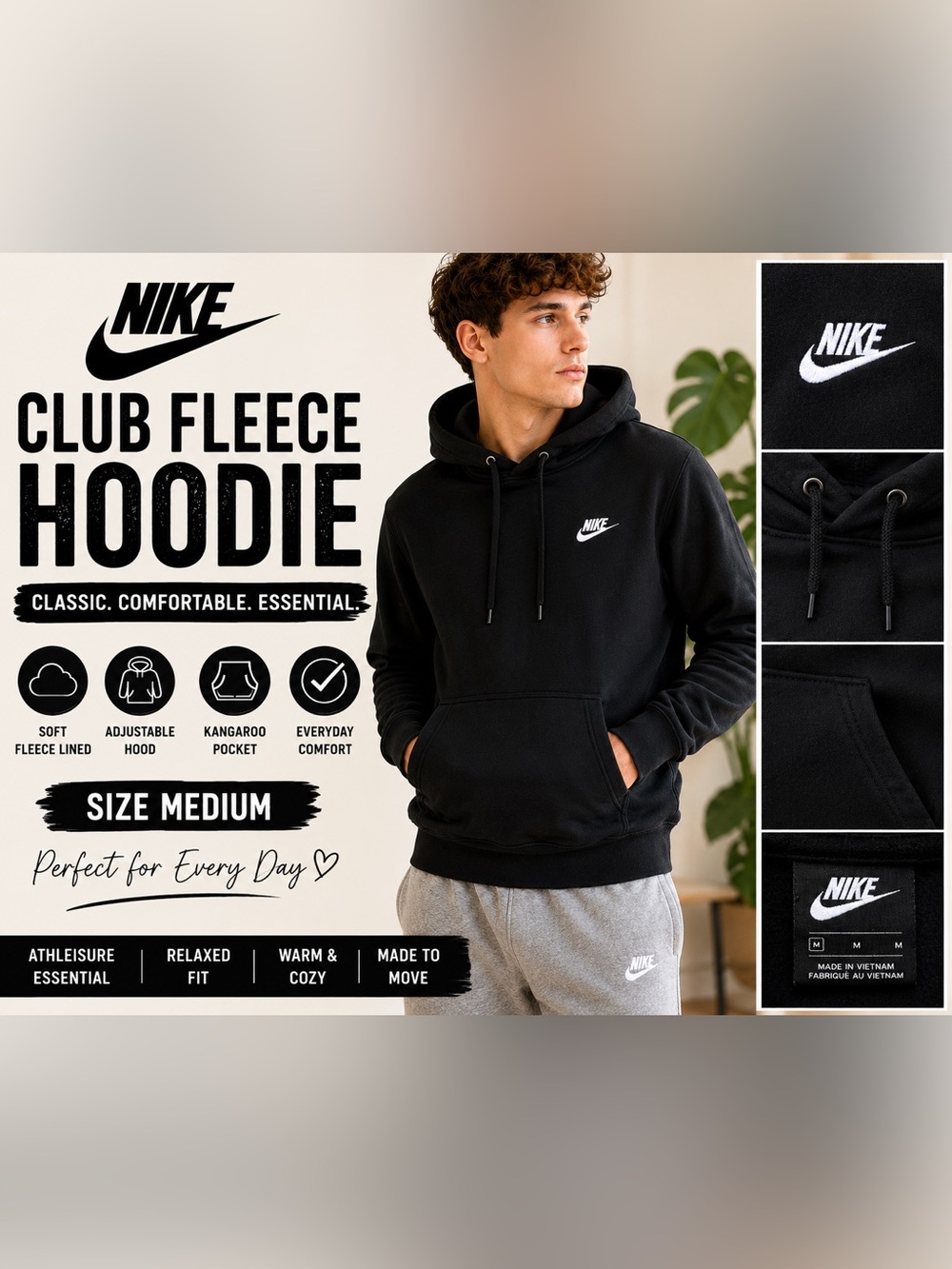Nike Sportswear Club Fleece Pullover Hoodie Black Size Medium M Sweatshirt